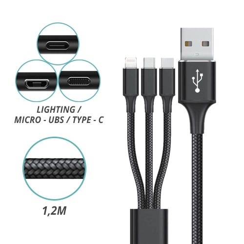 CONEXION USB 3 EN 1 NYLON 2.4A 1.2M
